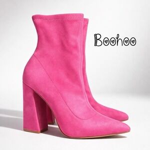 Hot Pink Fuchsia Faux Suede Sock Ankle Boots Pointed Toe 7.5 NWOT by BooHoo